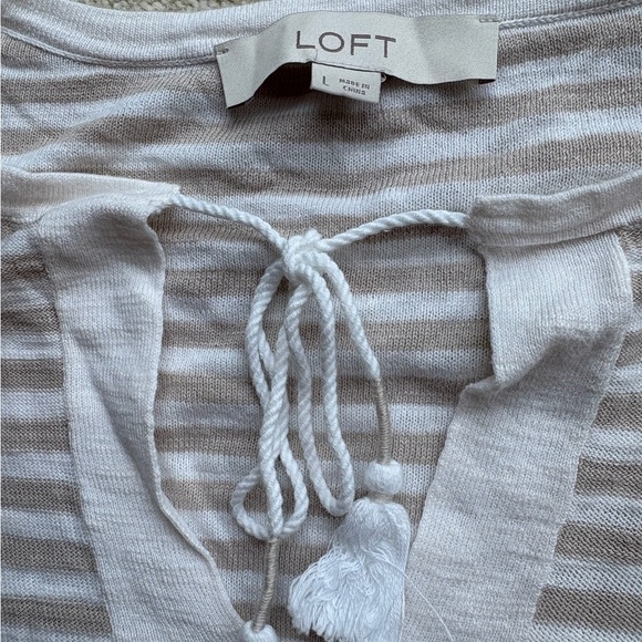 LOFT White and Tan Tie Front Long Sleeve Blouse - Picture 3 of 5